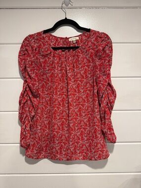 Max Studio Red Floral ruched -Sleeve Blouse. Size - XS